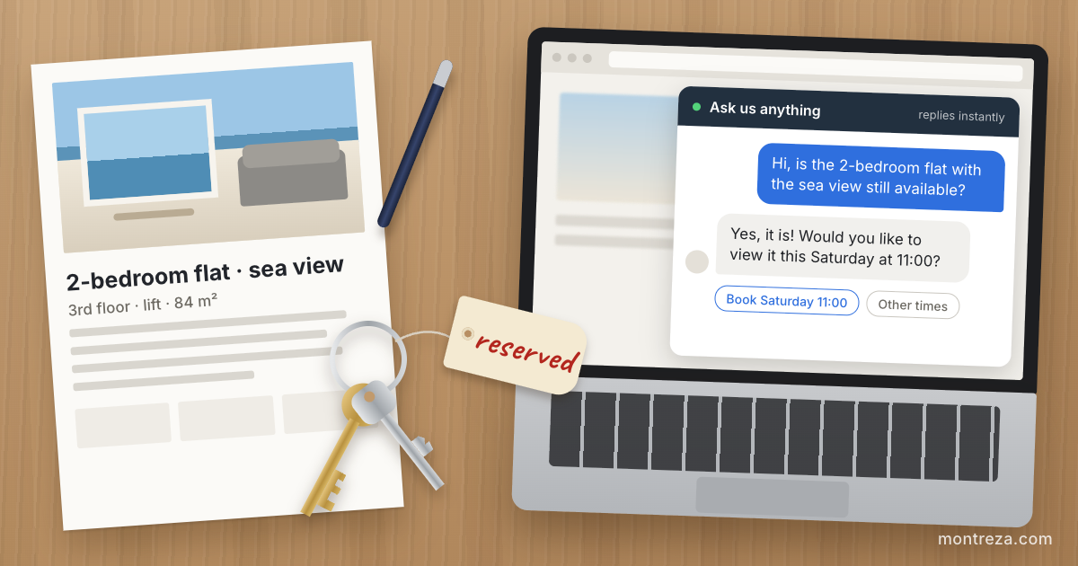 An estate-agency desk seen from above: a printed listing for a two-bedroom flat, a set of keys with a paper tag marked reserved, and a laptop chat where the website assistant tells a buyer the flat is still available and offers a Saturday 11:00 viewing.